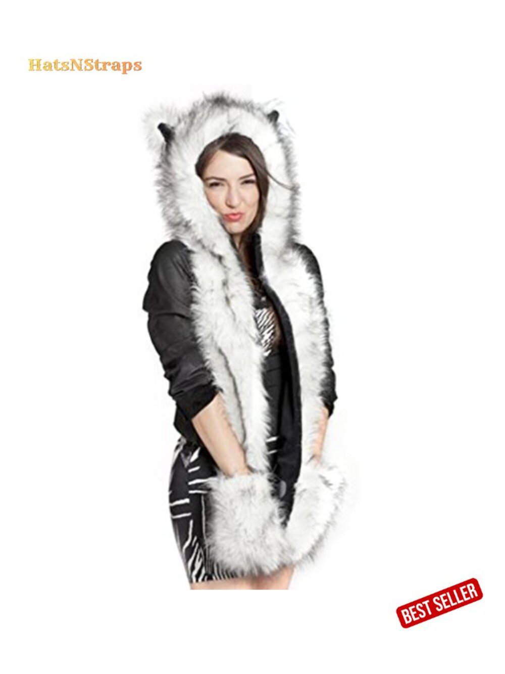 Faux Fur Animal Hooded Scarf Hat with Paws and Ears